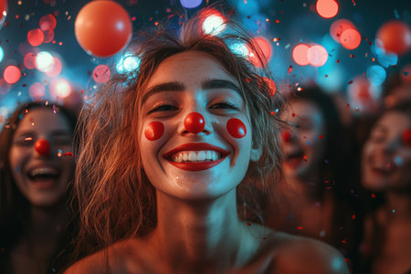 Group of coworkers enjoying surprise celebration for colleague Everyone wears clown noses, creating fun atmosphere filled laughter and joy while colorful lights brighten roomの素材