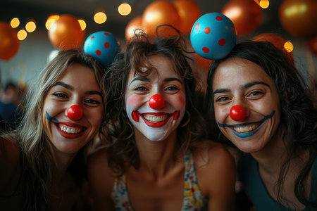 Colleagues gather for joyful surprise celebration, sporting clown noses and sharing laughter corporate atmosphere shines festive balloons and cheerful camaraderieの素材