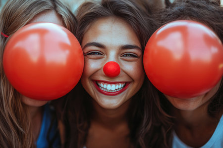 group of office coworkers joyfully wears bright clown noses while celebrating colleagues surprise party, creating lively and festive atmosphere filled laughter in their workplaceの素材