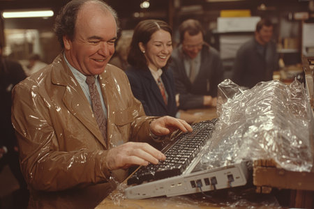 In bustling office environment, group of coworkers shares light hearted moment as their boss attempts type on keyboard completely encased in plastic wrap, evoking laughter from everyoneの素材
