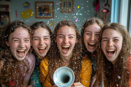 group of friends laugh joyfully as one surprises another air horn hidden beneath their chair Confetti fills air, enhancing cheerful atmosphereの素材