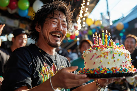 During festive gathering, one friend humorously hands fake birthday cake another, whose confused look adds laughter of everyone around themの素材