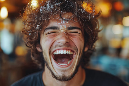 Laughter fills air as friend finds humor in prank gone wrong, joyfully reacting after replacing sugar salt in their roommates tea cozy cafeの素材