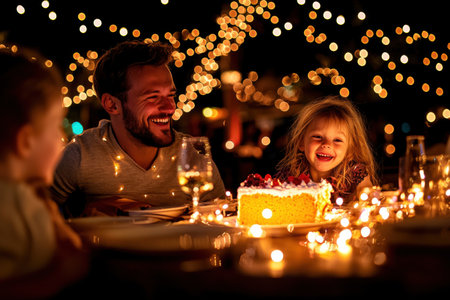 Laughter fills cozy dining space as child surprises family replacing cake rubber version, creating warm and playful atmosphere during nostalgic dinnerの素材