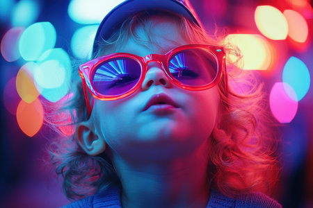 joyful child curly hair celebrates birthday indoors, wearing bright sunglasses and party hat atmosphere is lively, illuminated colorful lights and festive decorationsの素材