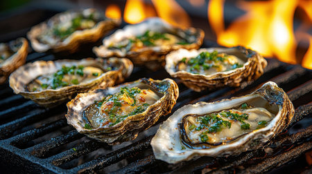 Fresh oysters grilled perfection on open flame topped herbs during warm summer evening. Friends enjoy aroma of seafood cooking outdoors.の素材