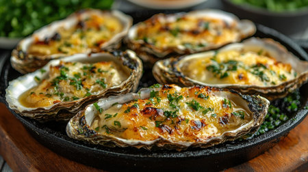 Five baked oysters are presented on sizzling platter melted cheese and herbs showcasing delicious seafood dish in inviting dining setting during sunset.の素材