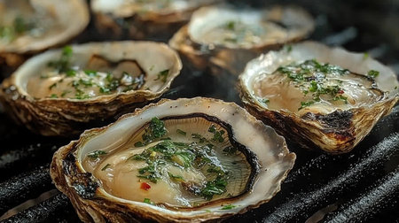 Fresh oysters are placed on grill herbs being added creating delightful aroma. setting is outdoor barbecue perfect for summer gathering near sea.の素材