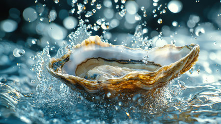 oyster opens in pristine water sending droplets flying in all directions. smooth shell contrasts shimmering surface emphasizing vibrant marine ecosystem.の素材
