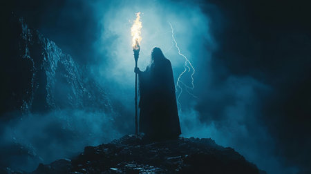 cloaked figure stands in dimly lit cave holding torch emits flickering flame. Lightning flashes from above illuminating rocky surroundings and creating eerie atmosphere.の素材