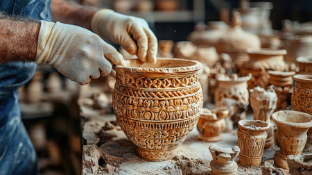 Hands skillfully shape detailed pottery piece in bustling workshop filled various ceramic creations. warm light illuminates artistry and craftsmanship involved.の素材