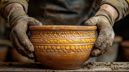 Hands covered in clay shape beautifully patterned bowl showcasing artistry and skill involved in pottery making. Soft dust rises as artisan works diligently on their craft.の素材