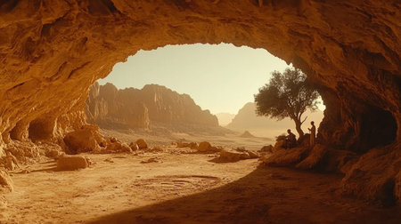 People relax inside large cave surrounded stunning desert rock formations during sunset. warm light casts shadows and highlights natural beauty of setting.の素材