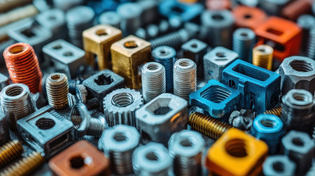 diverse assortment of metal nuts bolts and washers is presented on work surface showcasing their textures and colors. collection is ideal for repair or building projects.の素材