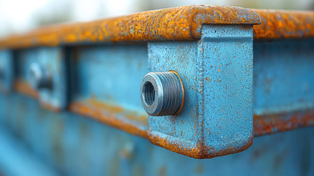 Close up view of rusty metal structure blue coating. surface shows significant wear peeling paint and exposed rust. scene captures effects of weathering over time.の素材