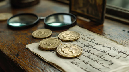 Antique coins rest on worn wooden desk alongside old handwritten note. Sunlight filters through window illuminating items and creating sense of history.の素材