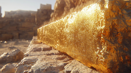 golden artifact is positioned on ancient stone wall archaeological site. warm light of sunset casts beautiful glow highlighting intricate engravings on surface.の素材
