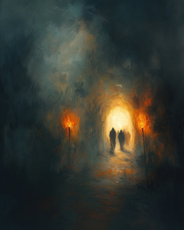 Two silhouetted figures move bright exit in dimly lit corridor. Flames flicker from torches casting mysterious shadows on walls. atmosphere feels eerie yet enchanting.の素材
