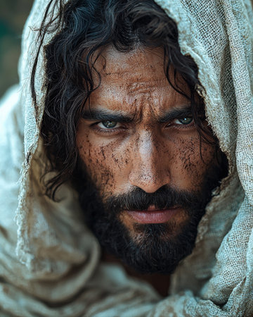 rugged man beard and long hair stares intensely wrapped in worn cloth. Dust clings his features bright sunlight capturing timeless struggle and resilience.の素材