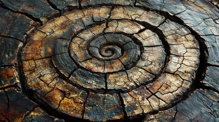 Close up of unique spiral design etched into aged wooden piece displaying rich tones and deep cracks from years of exposure elements.の素材