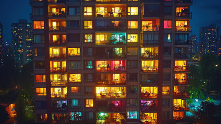 towering residential building stands out against night sky its numerous windows glowing in vibrant hues. Each balcony reveals different activities adding life urban landscape.の素材