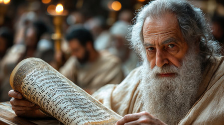 elderly rabbi long white beard focuses intently on ancient scrolls in warm candlelit room surrounded fellow believers engaged in discussion and study of religious texts.の素材