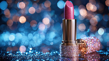Close up view of elegant lipstick sparkling details placed on reflective surface.の素材