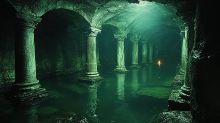 Deep within concealed cavern dark and atmospheric temple reveals itself. Ancient pillars rise from still water shrouded in mystery and illuminated solitary light.の素材