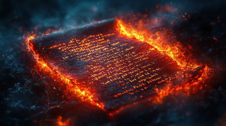 sacred scroll ignites in flames glowing golden text as it consumes itself in mystical setting. surrounding smoke creates intense atmosphere of reverence and destruction.の素材