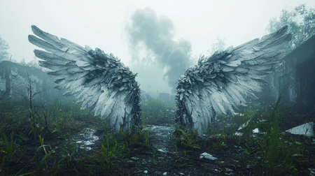 Large intricate wings stand abandoned in desolate area overrun wild grass and weeds surrounded thick fog and hints of smoke evoking sense of eeriness and solitude.の素材