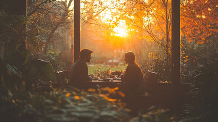 Two individuals enjoy joyful moment together outside restaurant as sun sets casting warm glow through autumn leaves. atmosphere is filled tranquility and connection.の素材