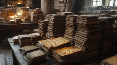 Amidst shadows stacks of aged tomes fill wooden table and shelves illuminated flickering candlelight in quiet rustic library evoking sense of mystery and history.の素材