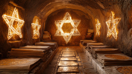 In secretive underground chamber walls are adorned glowing star symbols while stacks of ancient scrolls fill dimly lit space.の素材