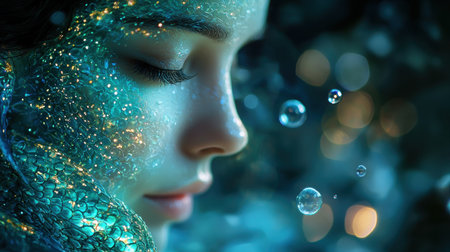 tranquil figure emerges amidst swirl of bubbles and aquatic textures embodying mystical essence. play of light enhances ethereal atmosphere creating dreamlike quality.の素材