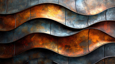 Warm tones of metal create rich and earthy abstract texture wavy patterns.の素材