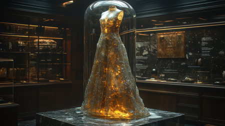 stunning golden dress rests glass dome illuminated in sophisticated venue. luxurious fabric reflects light capturing attention in curated fashion exhibition.の素材