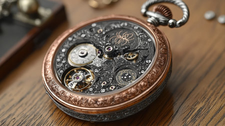 vintage inspired luxury pocket watch lies on polished wooden surface showcasing elegance of modern design blended classic artistry and intricate engravings.の素材