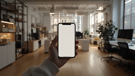 hand holds smartphone blank screen in stylish office space filled greenery and bright natural light.の素材