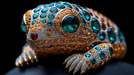 surreal frog sculpture crafted from intricate gemstones captures vivid colors and unique shapes showcasing artistic creativity and craftsmanship in jewelry design.の素材