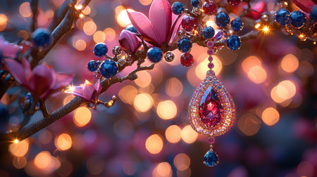 artistic display of striking jewel pendant hanging from branch surrounded colorful blossoms and shimmering lights creating magical atmosphereの素材