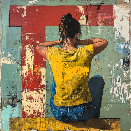 woman bun sits on ledge her back facing viewer. She wears yellow shirt and blue jeans and appears be lost in thought. backdrop features vibrant red and teal colors.の素材
