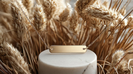 golden necklace pendant rests on marble display surrounded dried wheat highlighting its stylish and elegant aesthetic in cozy setting.の素材