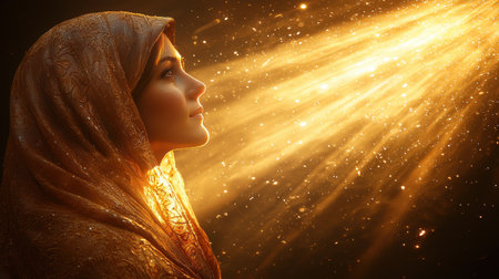 woman wrapped in shimmering shawl gazes upward bathed in radiant golden light. atmosphere feels tranquil and magical sparkles surrounding her.の素材