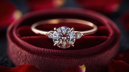 luxurious jewelry ring featuring stunning central diamond is presented on rich velvet cushion. Surrounding rose petals add romantic touch elegant display.の素材