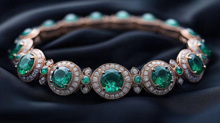 stunning jewelry piece showcases luxurious design green emeralds and sparkling diamonds arranged in timeless fashion resting on rich black fabric.の素材