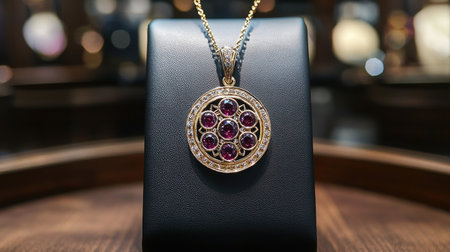 exquisite pendant features circular design adorned deep red gemstones showcased elegantly in fine jewelry setting emphasizing its luxurious appeal and meticulous craftsmanship.の素材