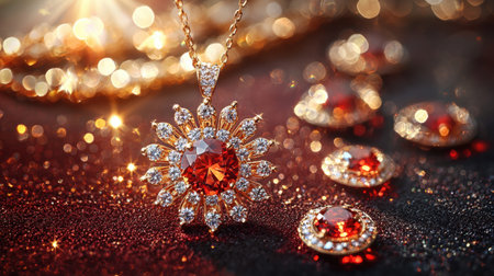 stunning jewelry piece featuring vibrant red gemstone pendant surrounded elegant diamonds glimmers against dark background highlighting its intricate design and craftsmanship.の素材