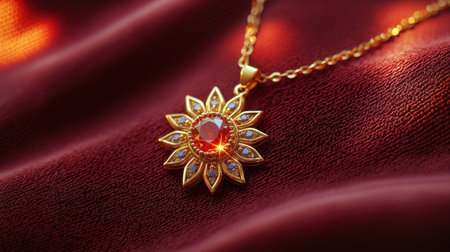 beautifully crafted sun shaped pendant shines vibrant gemstone center surrounded smaller stones displayed against luxurious crimson fabric.の素材