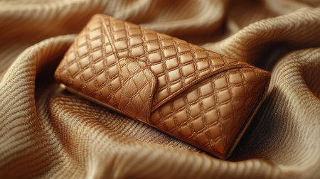 Crafted from high quality leather wallet showcases intricate quilted design. It is displayed on rich fabric enhances its elegance making it perfect accessory for any occasion.の素材