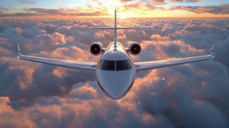 private jet glides through sky surrounded expanse of colorful clouds illuminated warm hues of sunset. atmosphere reflects elegance of upscale air travel.の素材
